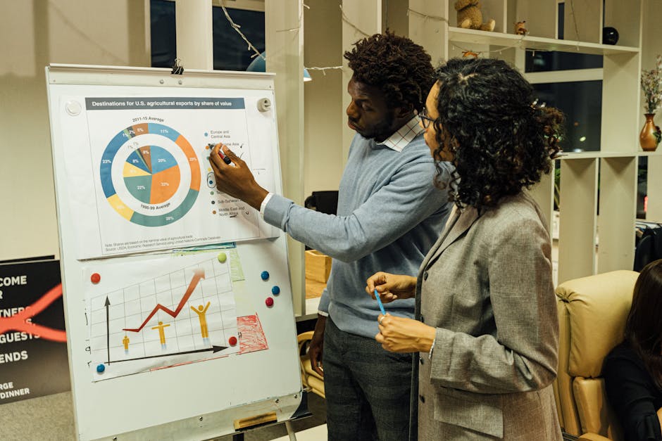 Colleagues discussing data on agricultural exports in a modern office.